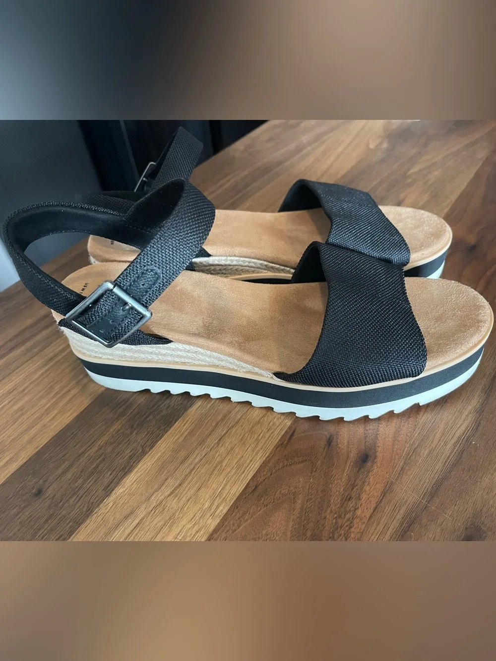 Toms Black Platform Sandals with Buckle Strap